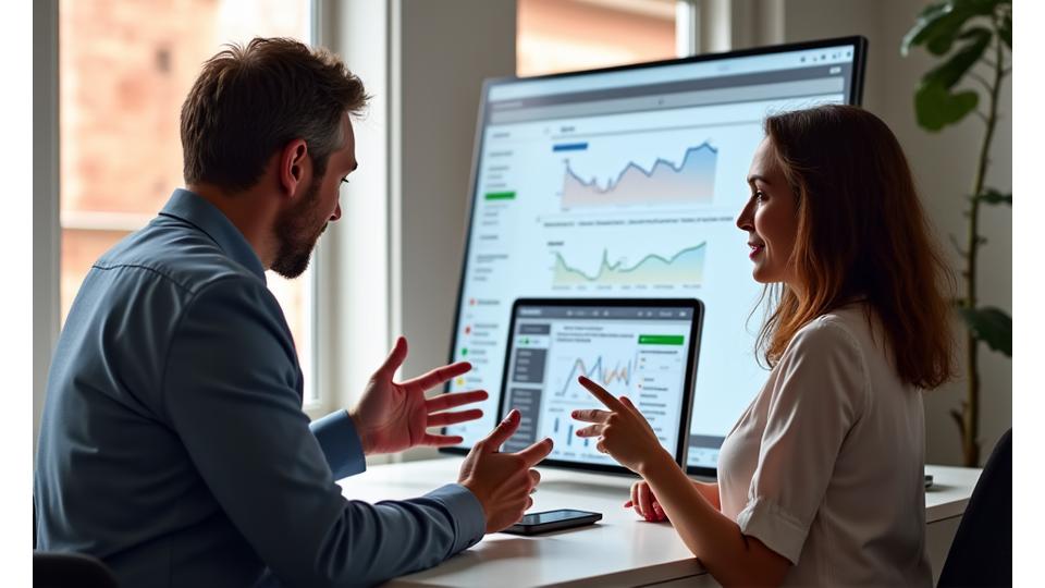 Giulia e Marco, i fondatori di Fiume Vita, discutono la loro visione per una piattaforma di benessere digitale inclusiva.
