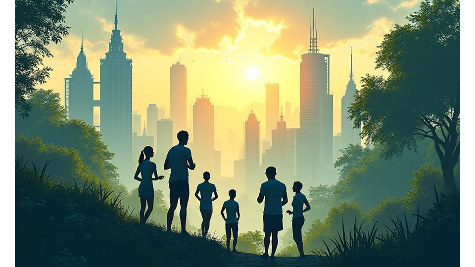 Visione futuristica di una città verde e tecnologica, con persone che praticano wellness digitale.