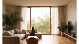 Interno casa smart, luce naturale e dispositivi tech per il benessere.