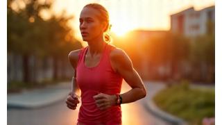 Donna che corre con smartwatch, sullo sfondo un paesaggio urbano moderno