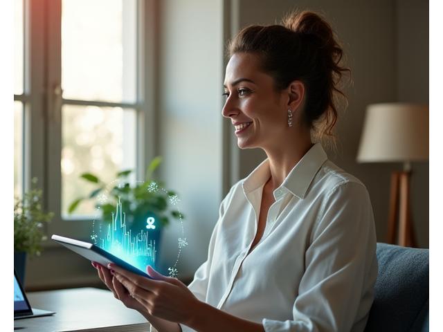 Donna sorridente che interagisce con un'interfaccia di coaching digitale con elementi di intelligenza artificiale