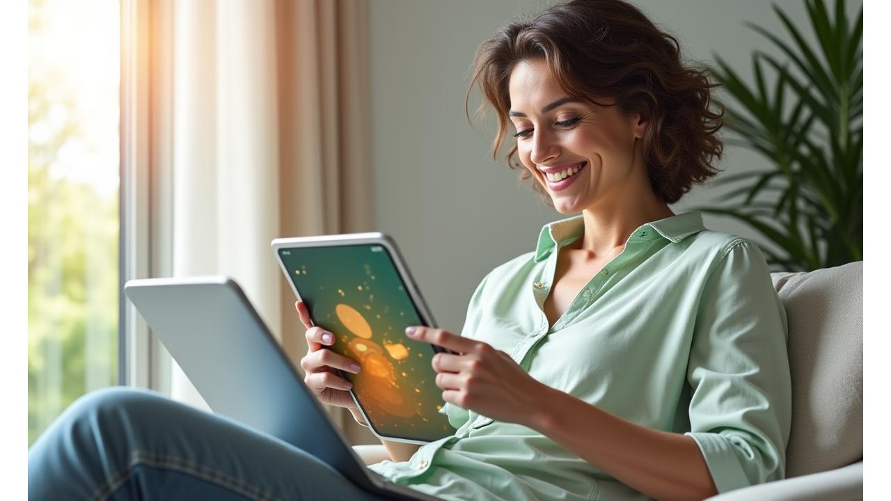 Donna sorridente che interagisce con un tablet, simbolo di una consulenza wellness digitale efficiente e personalizzata.