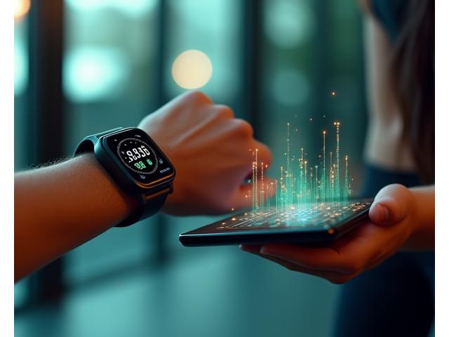 Esempio visivo di dati biometrici che fluiscono in tempo reale da smartwatch ad un dashboard Fiume Vita.