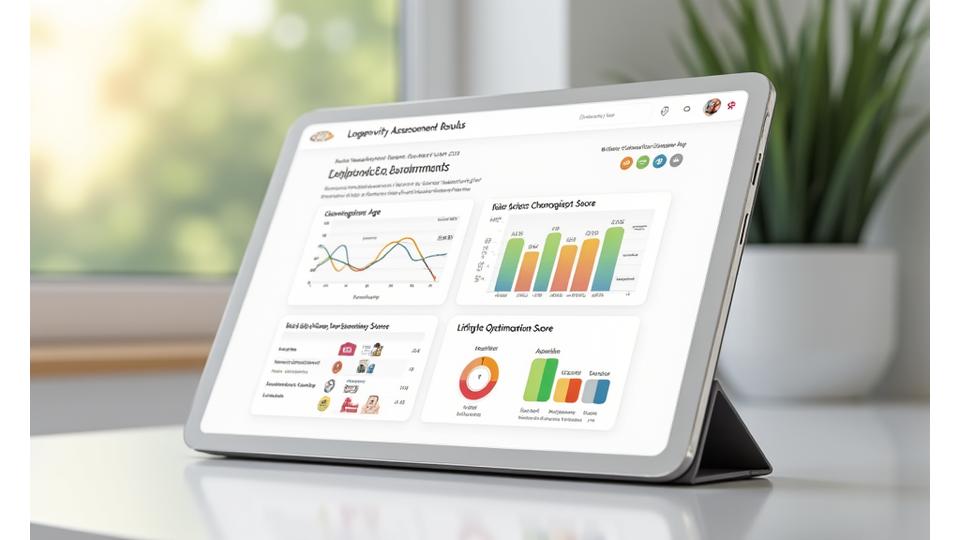 Interfaccia utente che mostra dashboard di un assessment di longevità con grafici di età biologica e fattori di rischio