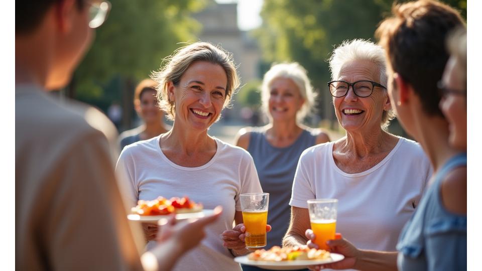 Gruppo di adulti sorridenti che partecipano a un evento wellness all'aperto a Roma