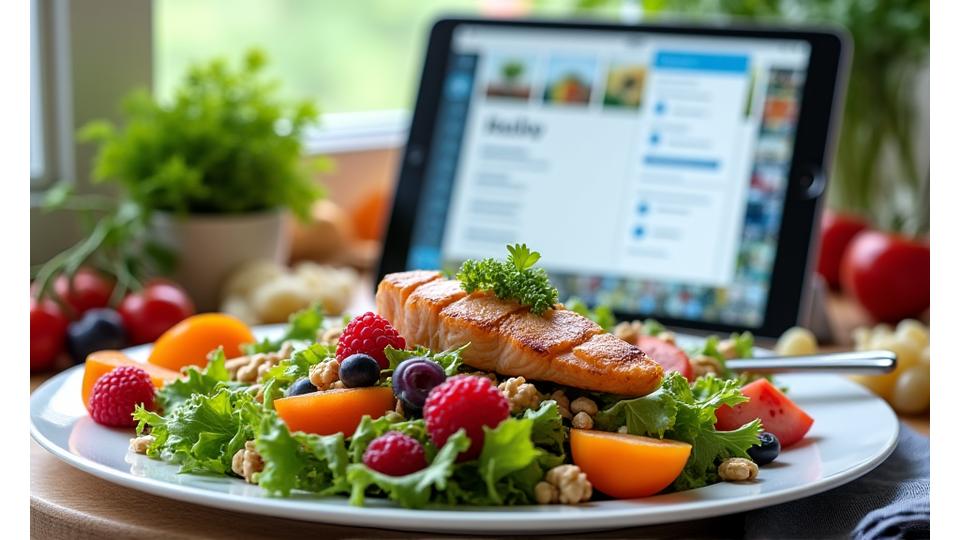 Piatto di cibo sano e colorato con interfaccia di pianificazione pasti sullo sfondo