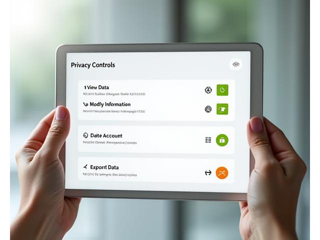 Interfaccia utente pulita e intuitiva di un pannello di controllo privacy su un tablet, mostrando opzioni per visualizzare, modificare, eliminare ed esportare dati personali, con icone esplicative