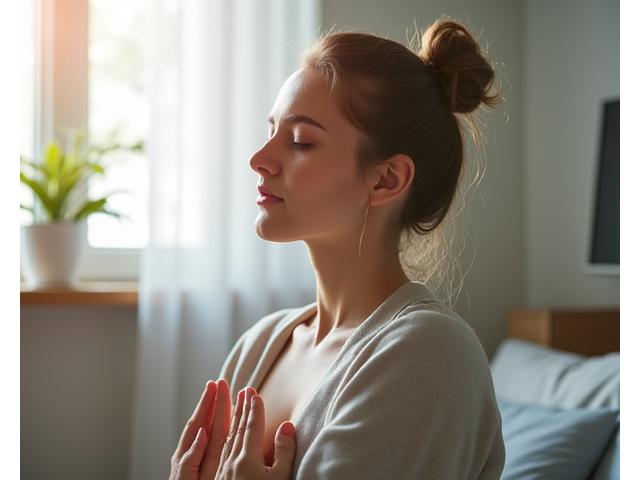 Persona concentrata che pratica mindfulness in un ambiente pulito, per migliorare il focus