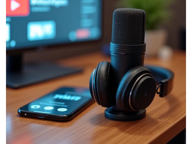 Microfono da podcast e auricolari, in uno studio minimalista