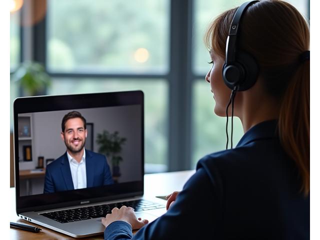 Persona che segue un workshop virtuale su uno schermo, con cuffie e blocco note