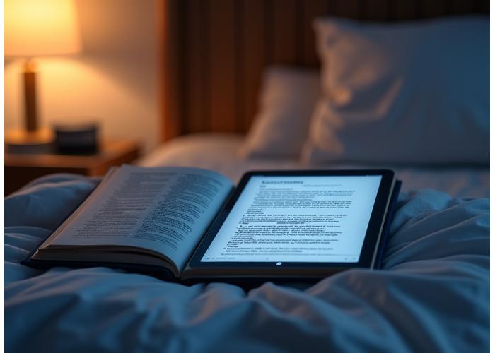 Persona che legge un libro sul sonno in un ambiente rilassante