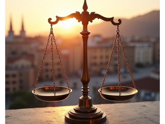 Bilancia della giustizia con un tablet digitale e foglie di alloro, simbolo di legalità e benessere digitale
