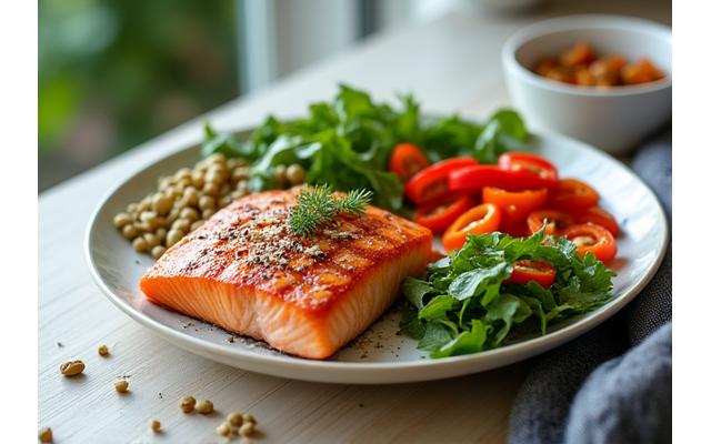Piatto di cibo colorato e sano, con verdure fresche, pesce e frutta secca, su un tavolo di legno chiaro. L'immagine evoca un'alimentazione bilanciata e personalizzata.