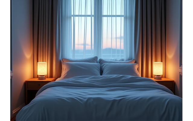 Una camera da letto serena con illuminazione soffusa, tonalità calde e un letto confortevole con lenzuola immacolate. L'immagine evoca un ambiente rilassante e propizio al sonno.
