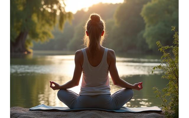 Persona in meditazione, in un ambiente tranquillo e naturale, magari all'aperto con luce solare soffusa e verde sullo sfondo. L'immagine esprime calma e gestione dello stress.
